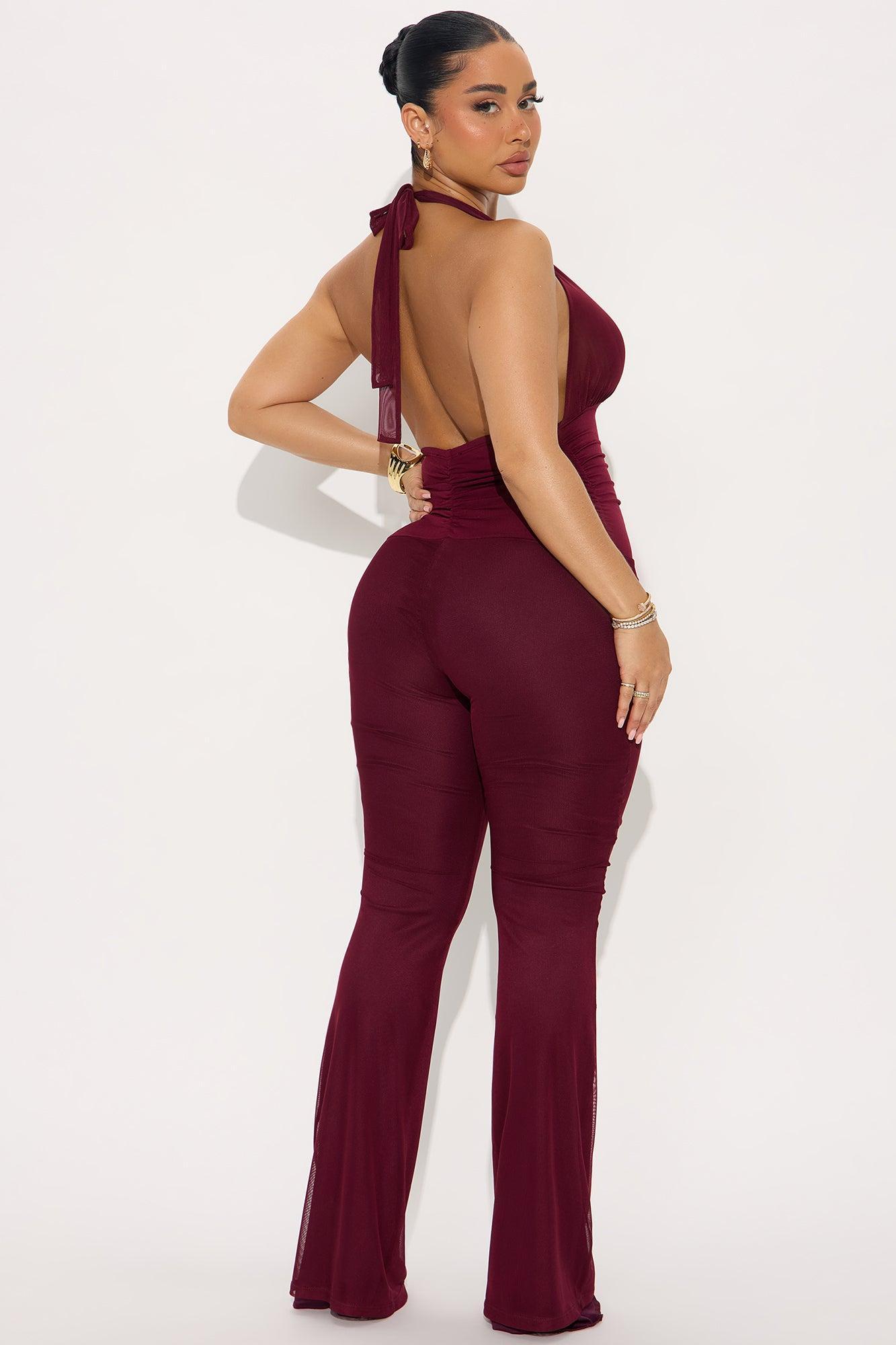 Caught Feelings Mesh Jumpsuit - Burgundy Product Image