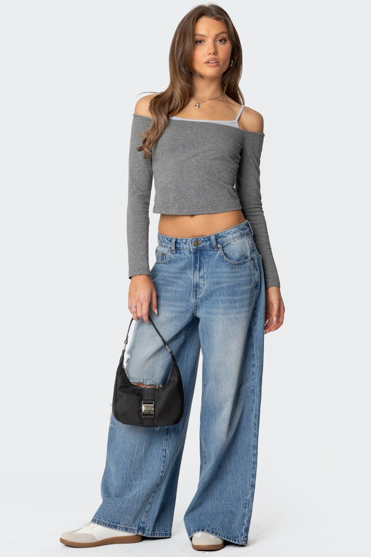 Off Shoulder Layered Long Sleeve T Shirt Product Image