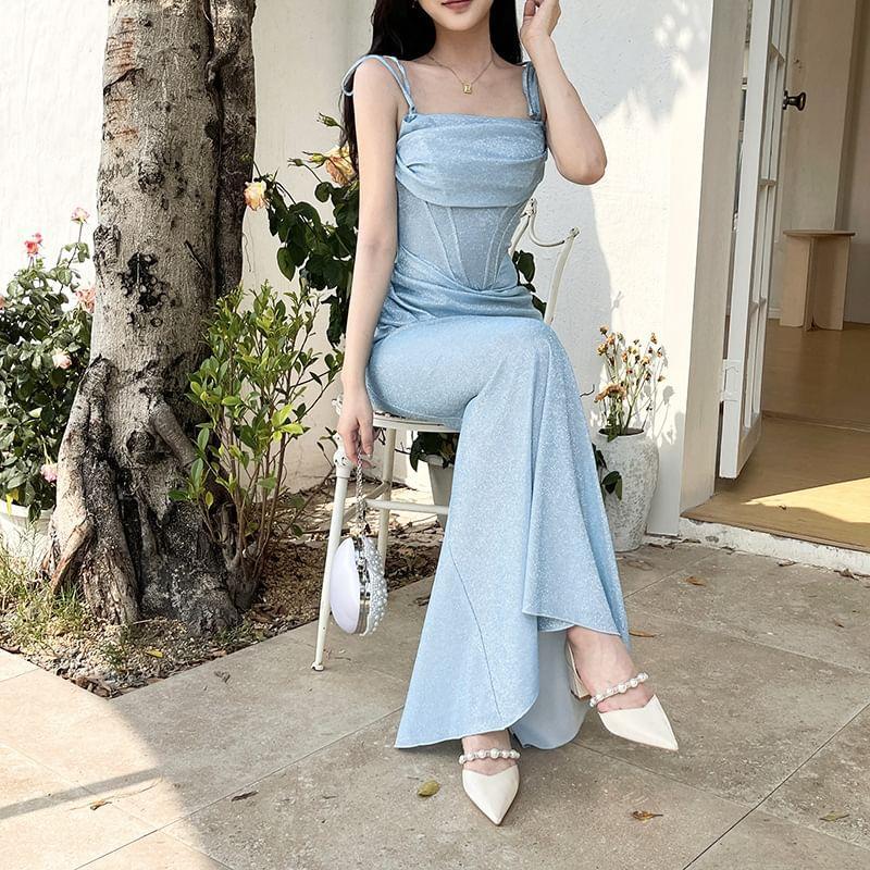 Sleeveless Glitter Ruched Slim-Fit Maxi Bodycon Dress Product Image