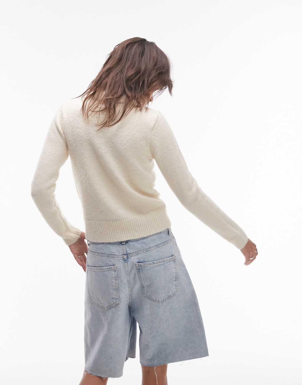 Topshop knit fluffy zip through cardigan in cream Product Image