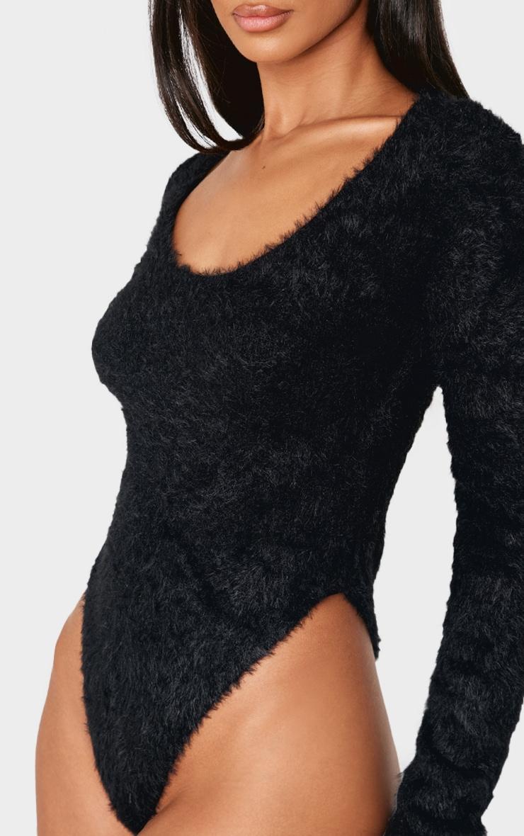 Petite Black Fluffy Round Neck Scoop Long Sleeve Bodysuit Product Image