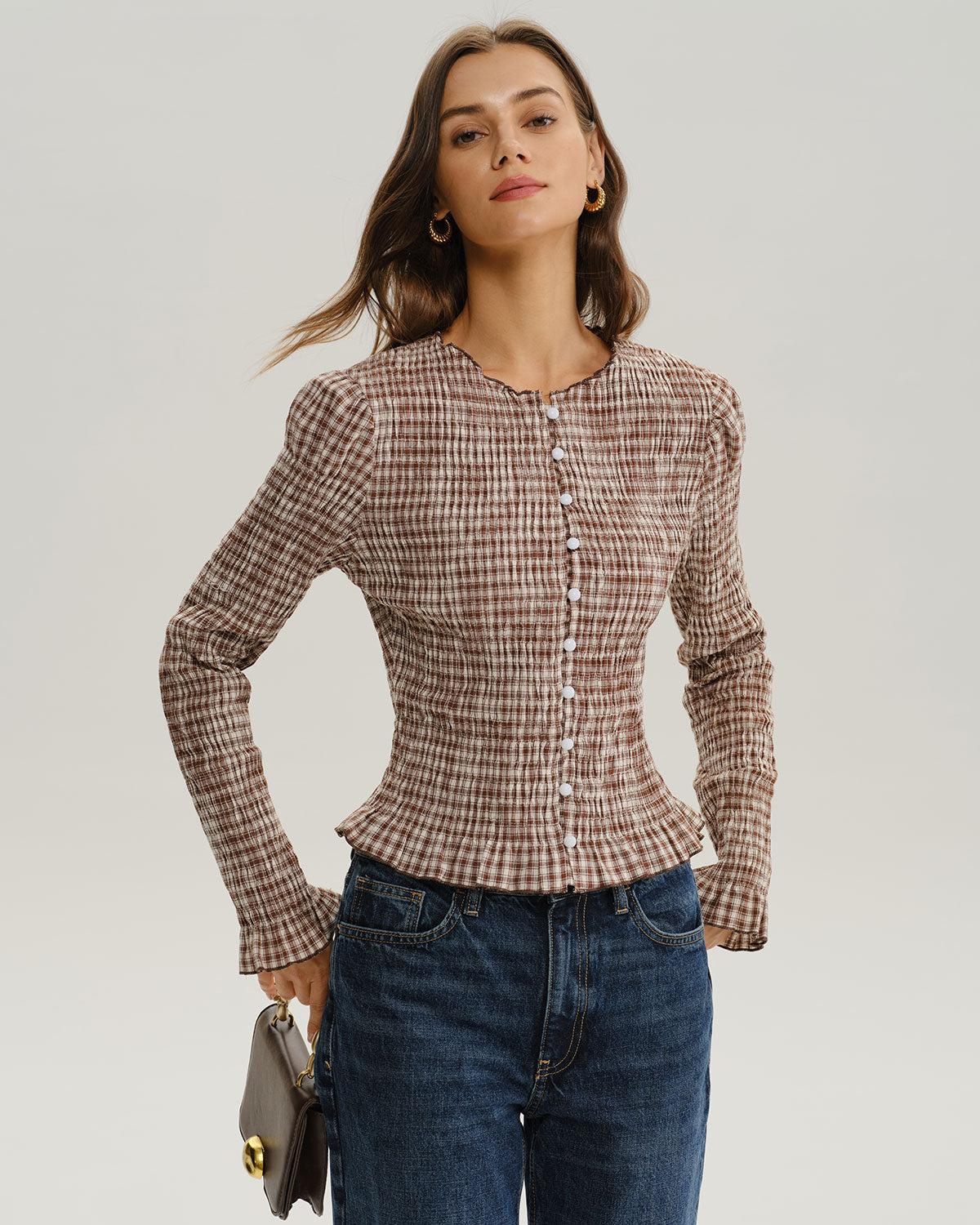 Brown Plaid Shirred Poet Sleeve Blouse Product Image