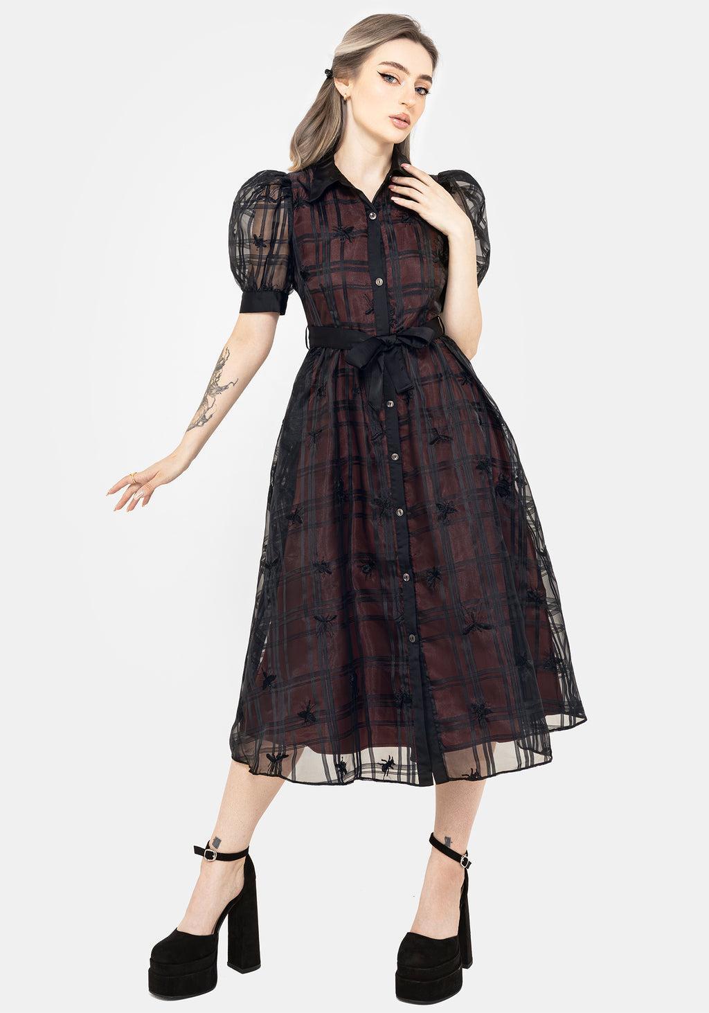 Sedona Organza Check Embroidered Puff Sleeve Midi Shirt Dress Product Image