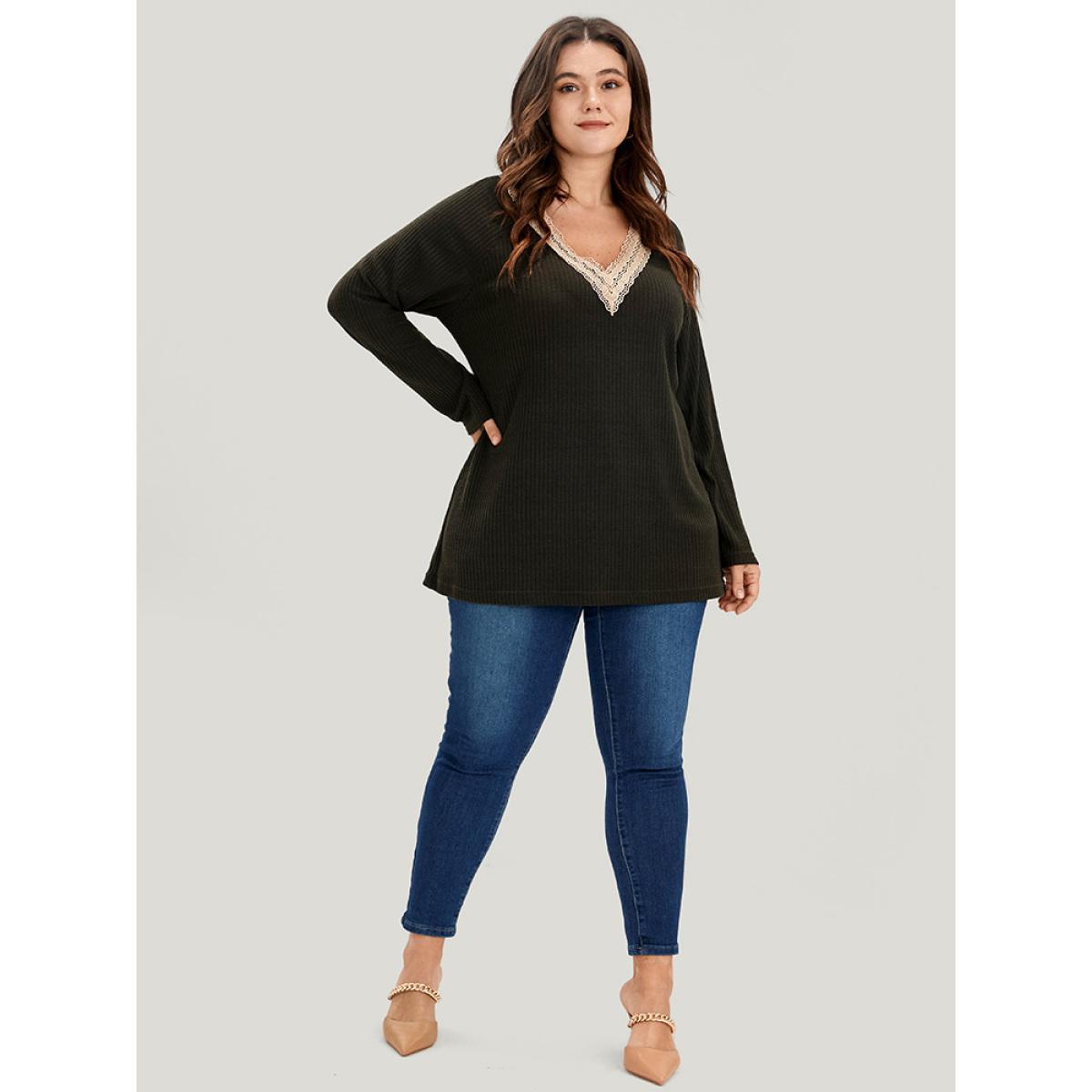 Plus Size Solid Contrast Lace V Neck Rib Knit Long Tee ArmyGreen Women Elegant Plain Plain V-neck Dailywear T-shirts BloomChic 28/5X Product Image