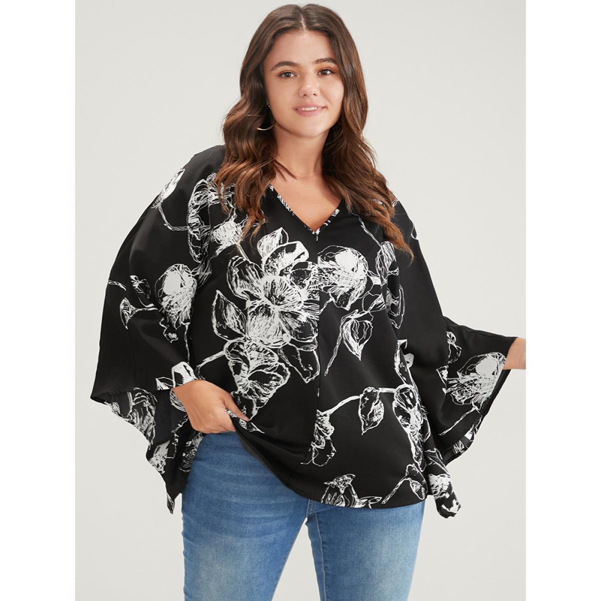 Plus Size Black Floral Print V Neck Dolman Sleeve Blouse Women Elegant Long Sleeve V-neck Dailywear Blouses BloomChic 22-24/3X Product Image