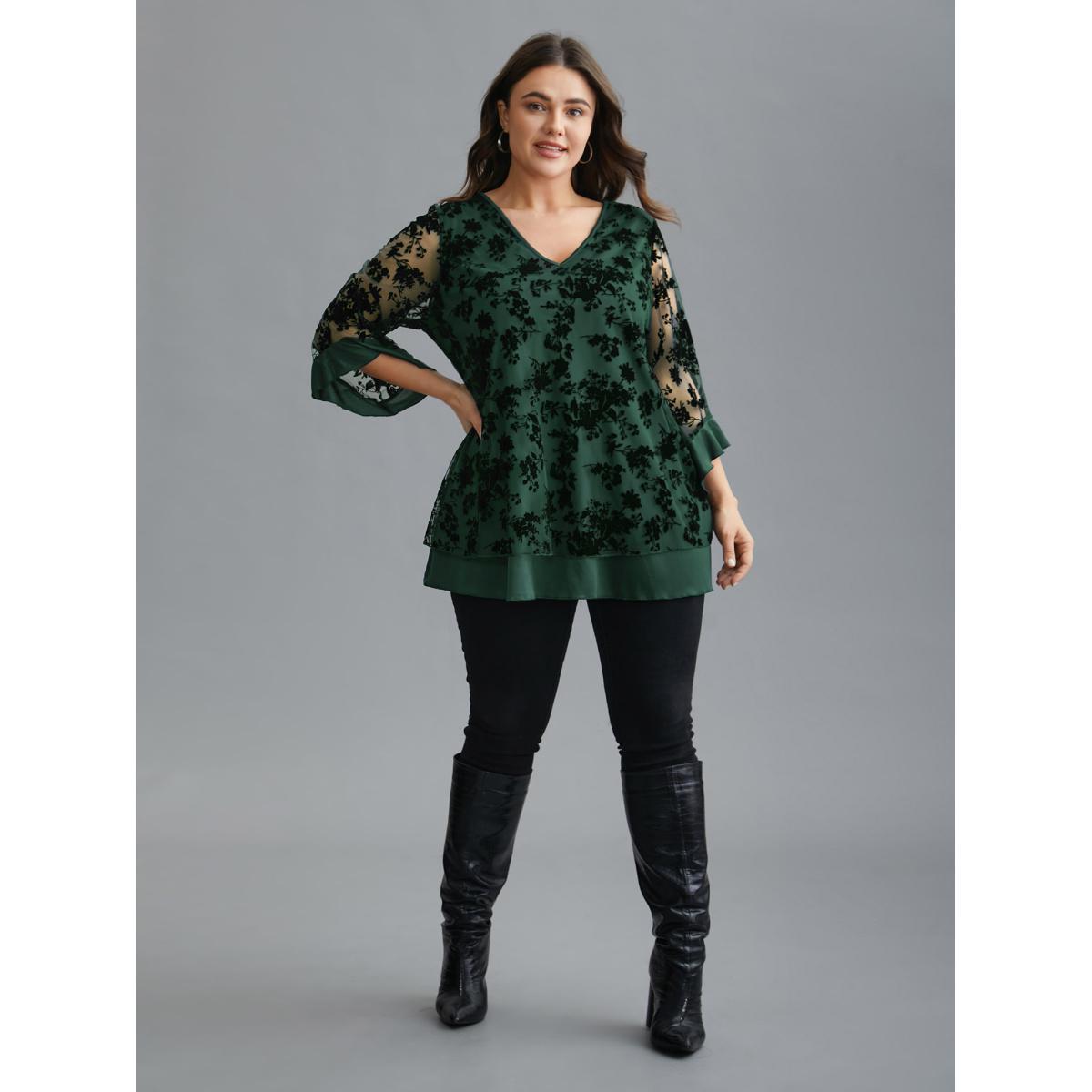 Plus Size DarkGreen Floral Flocking Mesh Asymmetrical Hem Blouse Women Elegant Three Quater Length Sleeve V-neck Everyday Blouses BloomChic 22-24/3X Product Image
