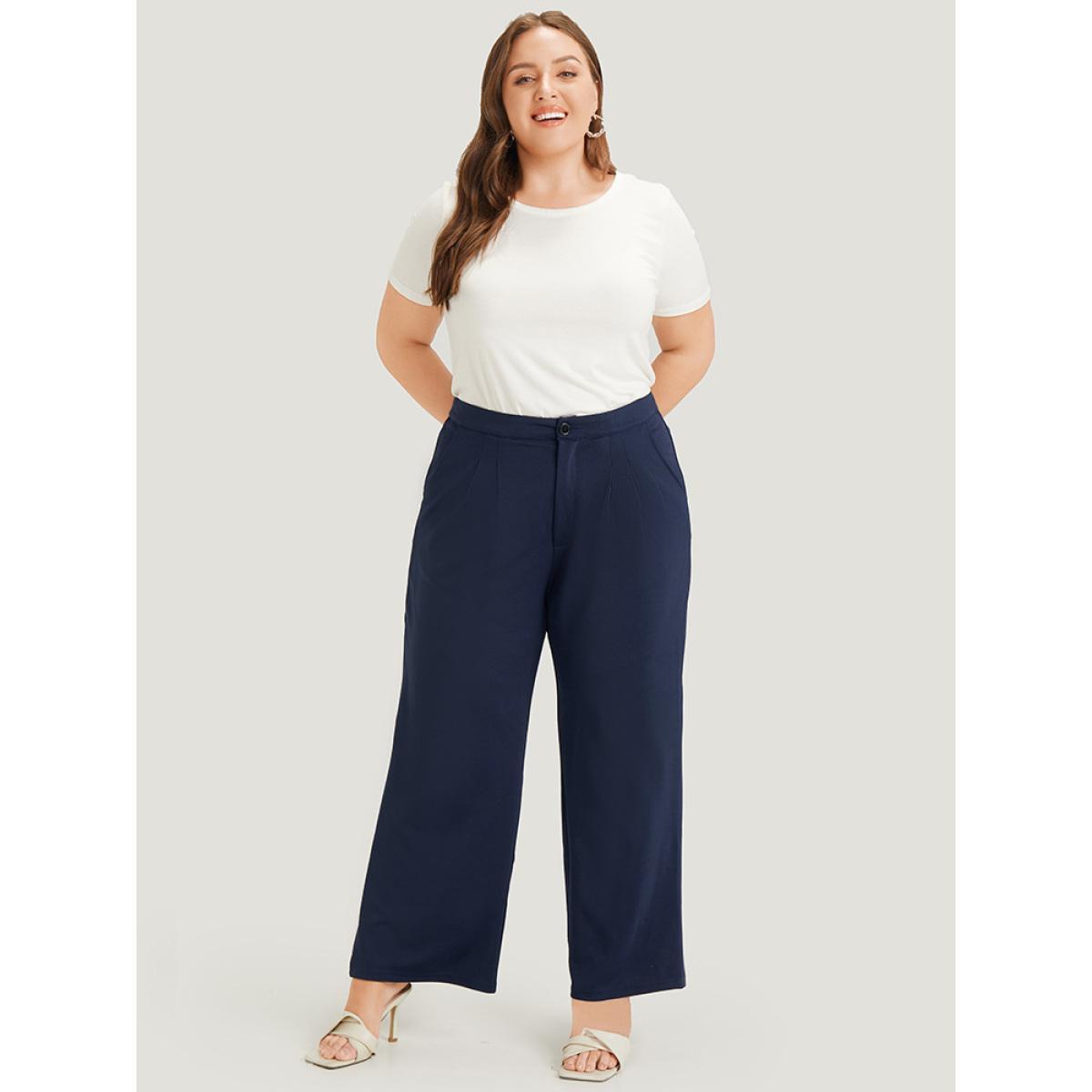 Plus Size Plain Pleated High Rise Pocket Pants Women Indigo Office High Rise Work Pants BloomChic 18-20/2X Product Image