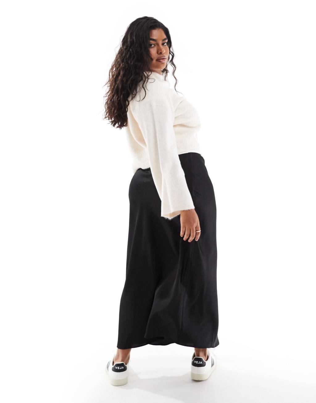 ASOS DESIGN Curve satin bias midi skirt in black Product Image