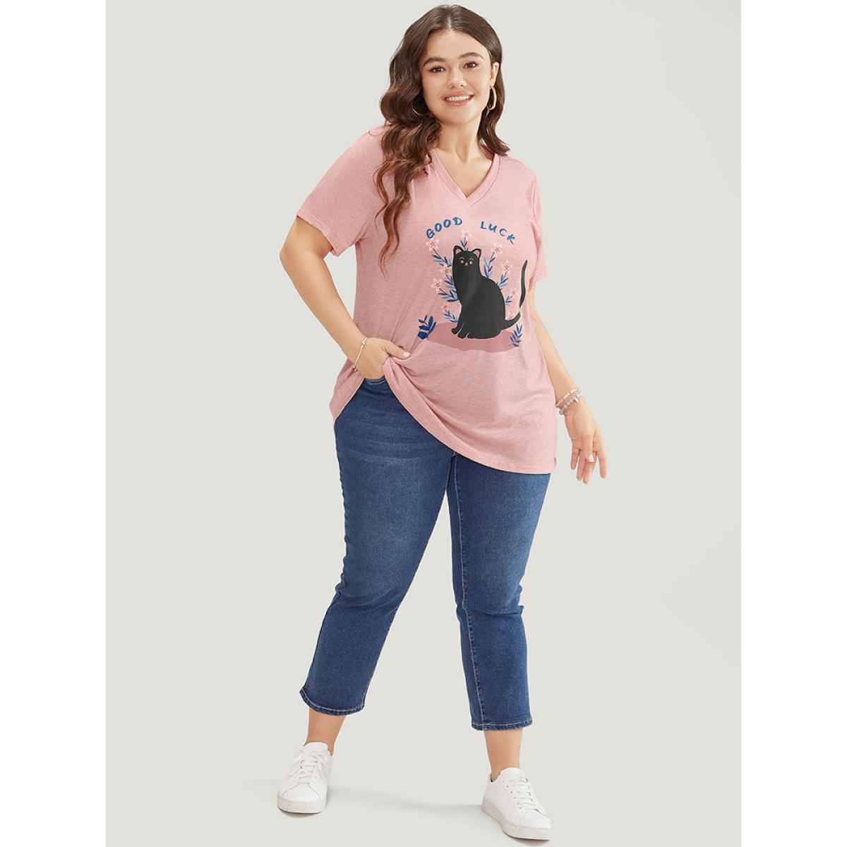 Plus Size Cat & Floral Print V Neck Heather T-shirt Rouge Women Casual Heather Positive slogan Dailywear T-shirts BloomChic 10/M Product Image