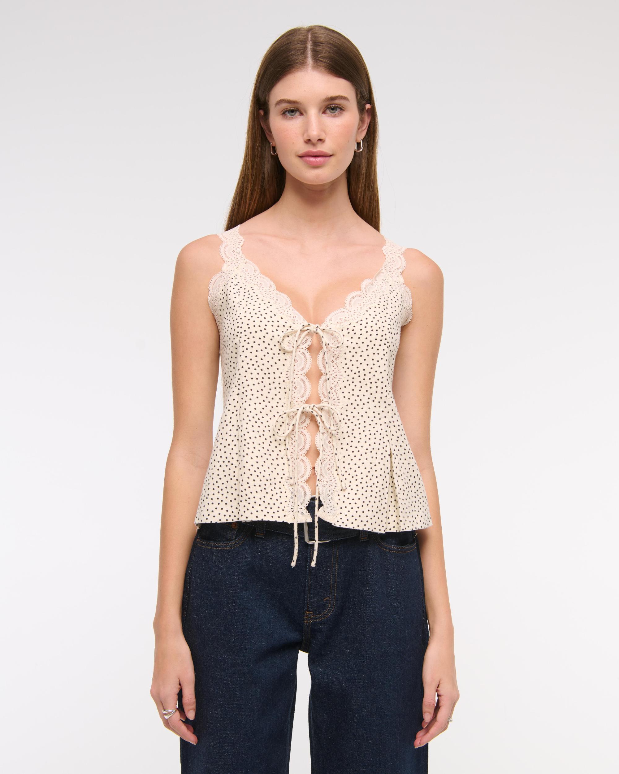 Lace-Trim Tie-Front Peplum Top Product Image