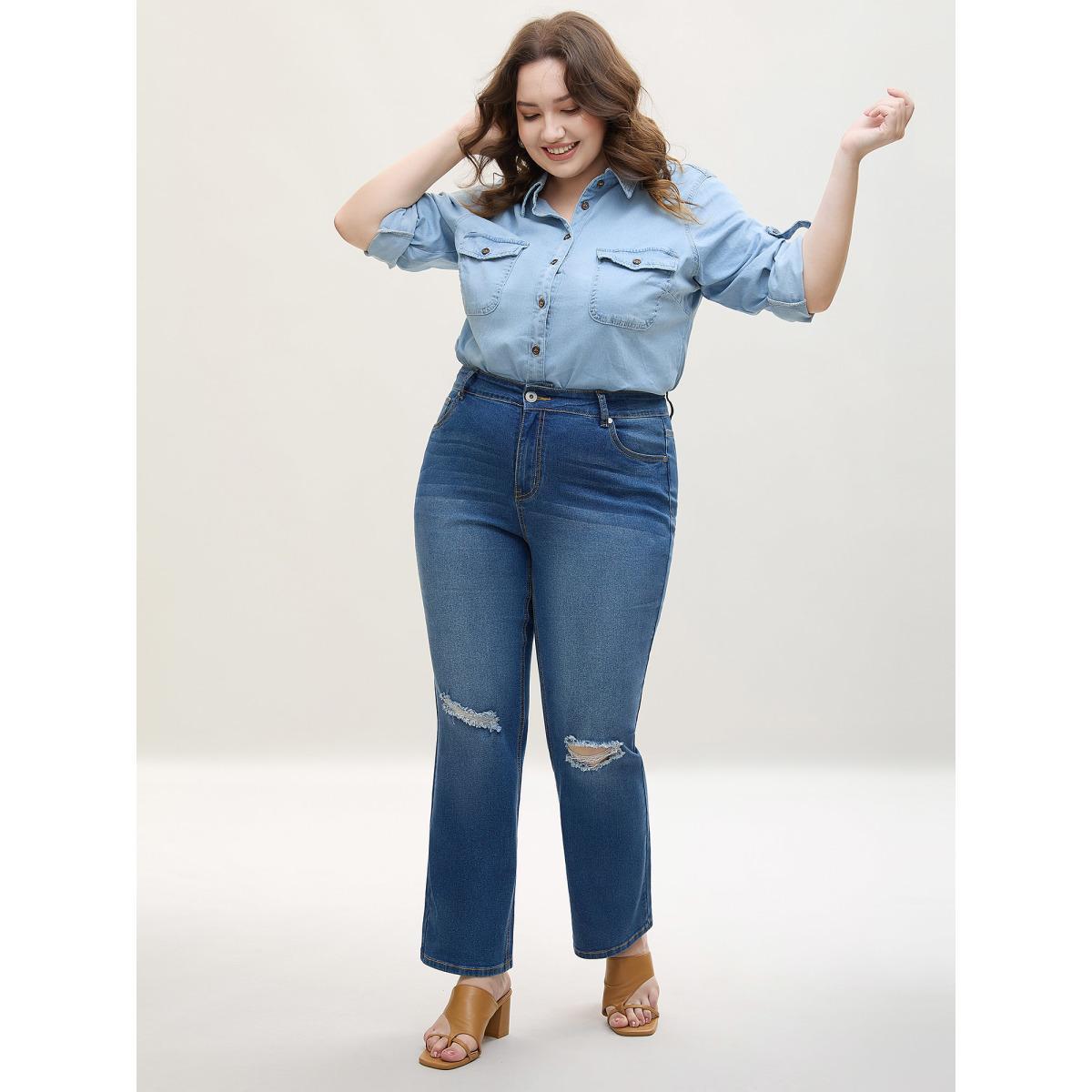 Plus Size Ripped Mid-Rise Straight-Leg Jeans Women Denimblue Casual Non Medium stretch Slanted pocket Jeans BloomChic 14/1X Product Image
