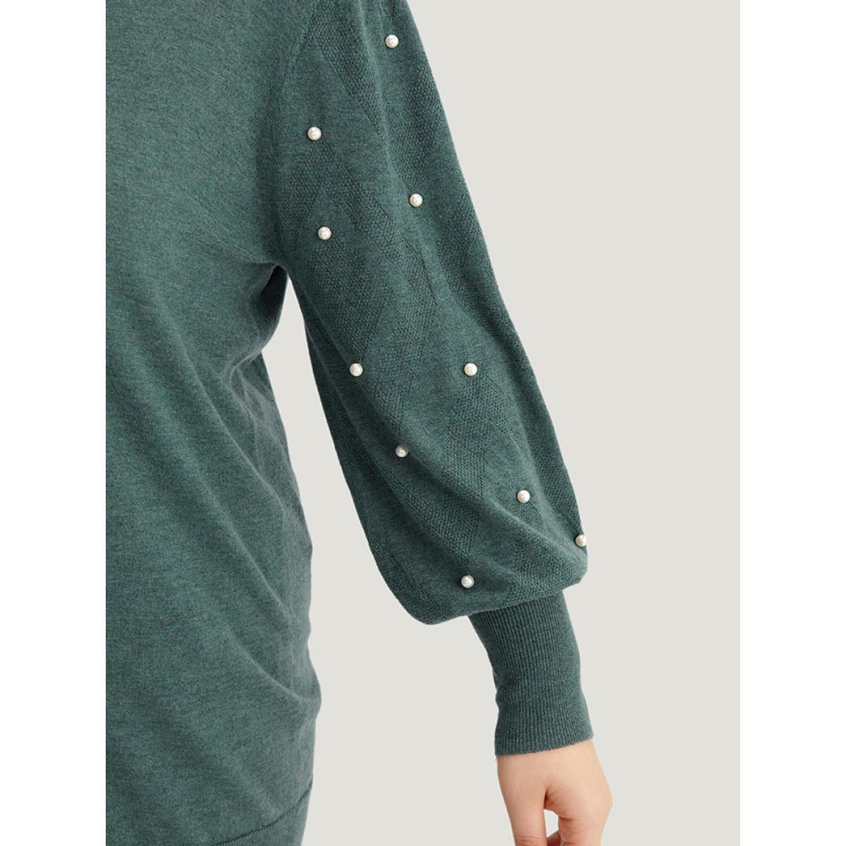 Plus Size Supersoft Essentials Solid Pearl Beaded Elastic Cuffs Pullover DarkGreen Women Casual Long Sleeve V-neck Dailywear Pullovers BloomChic 28/5X Product Image