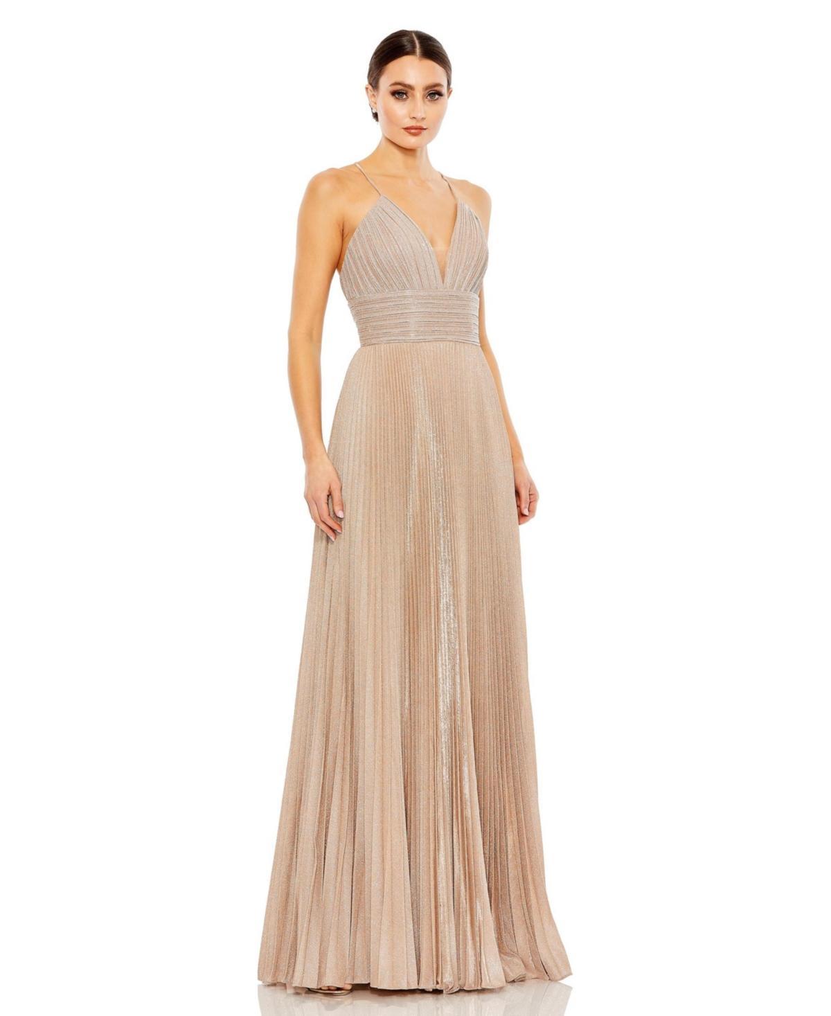 Mac Duggal Metallic Pleated Deep V-Neck Crisscross Back Detail Sleeveless Gown Product Image