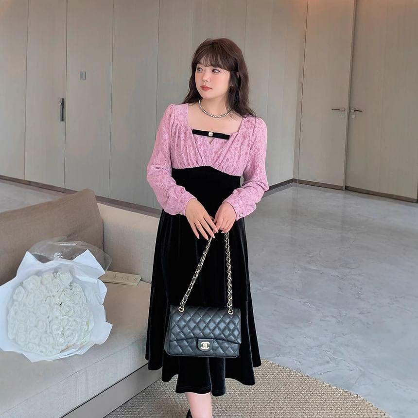 Plus Size Long Sleeve Square Neck Floral Two Tone Midi A-Line Dress Product Image