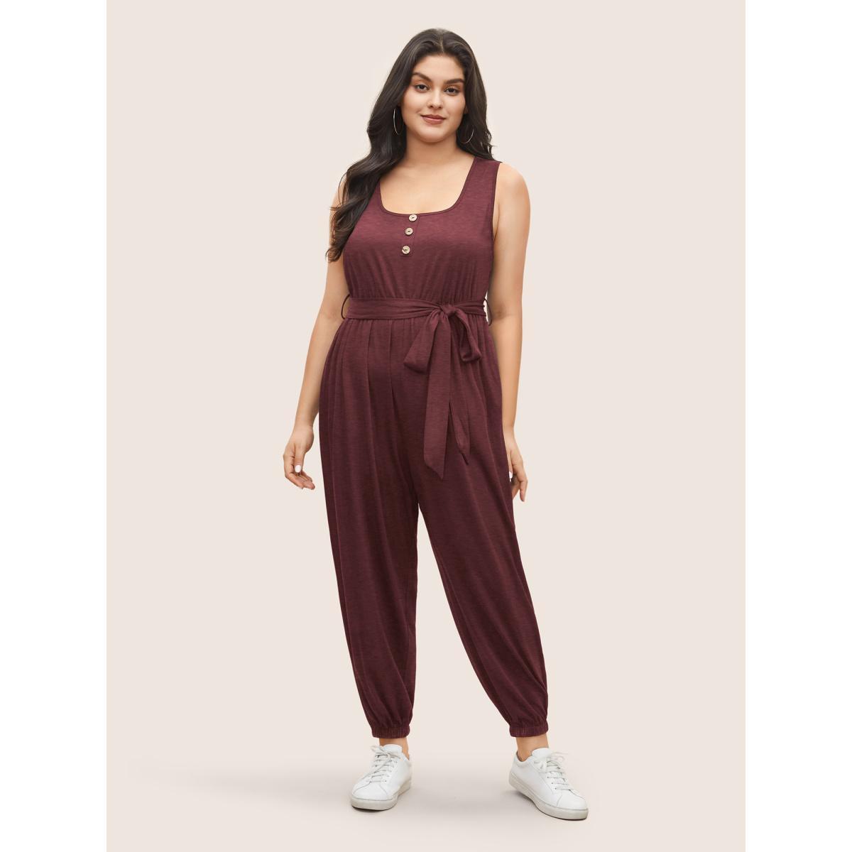 Plus Size Rust Supersoft Essentials Plain Button Detail Belted Jumpsuit Women Casual Sleeveless Non Everyday Loose Jumpsuits BloomChic 18-20/2X Product Image