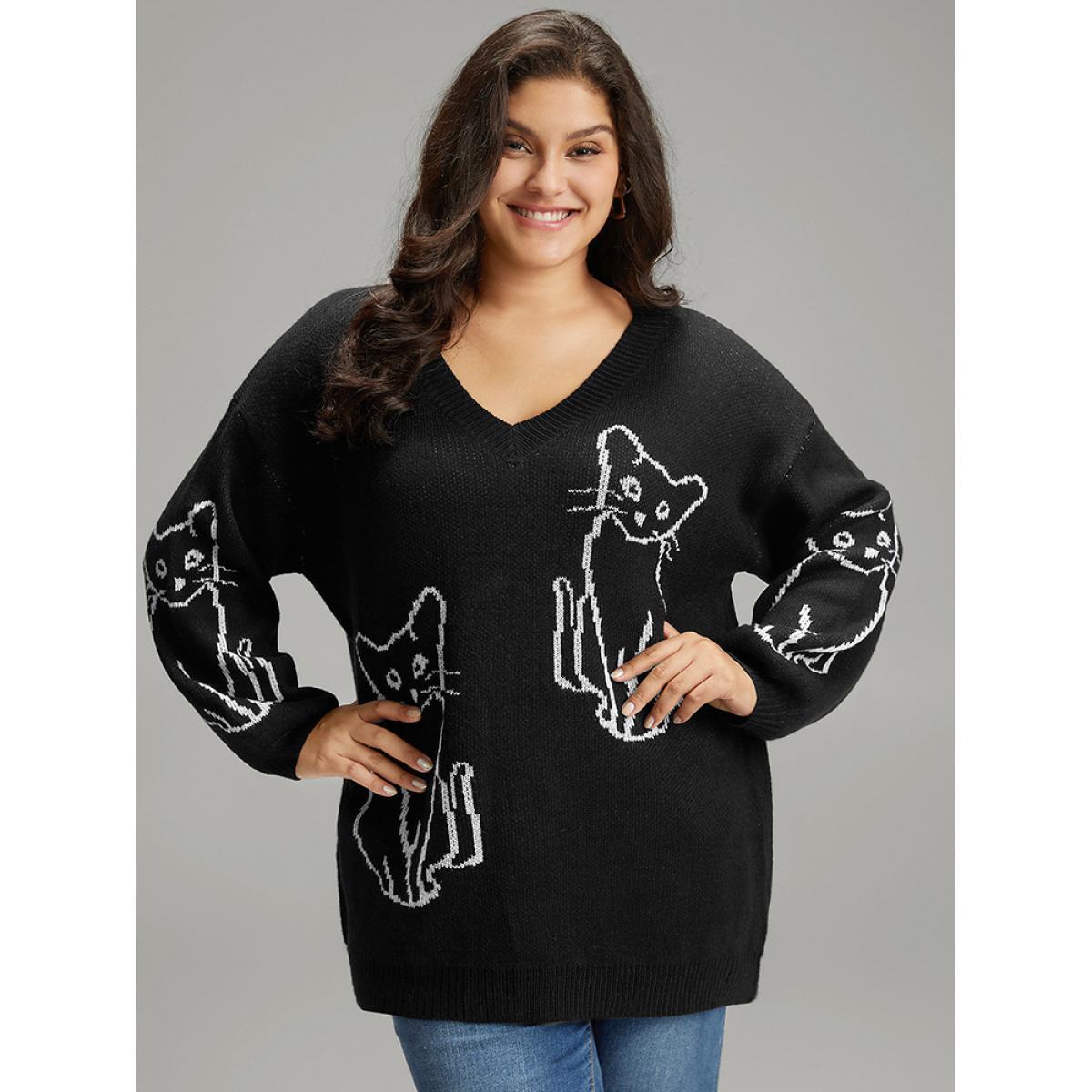 Plus Size Supersoft Essentials Cat Print V Neck Pullover Black Women Casual Long Sleeve V-neck Dailywear Pullovers BloomChic 14-16/1X Product Image