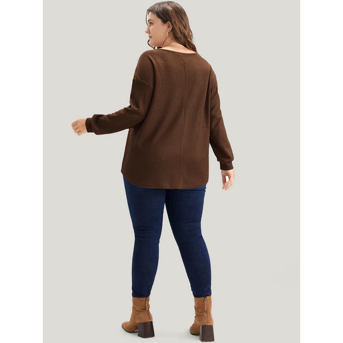 Plus Size Solid Pocket Notched Waffle Knit Sweatshirt Women DarkBrown Elegant Pocket V-neck Dailywear Sweatshirts BloomChic 22-24/3X Product Image
