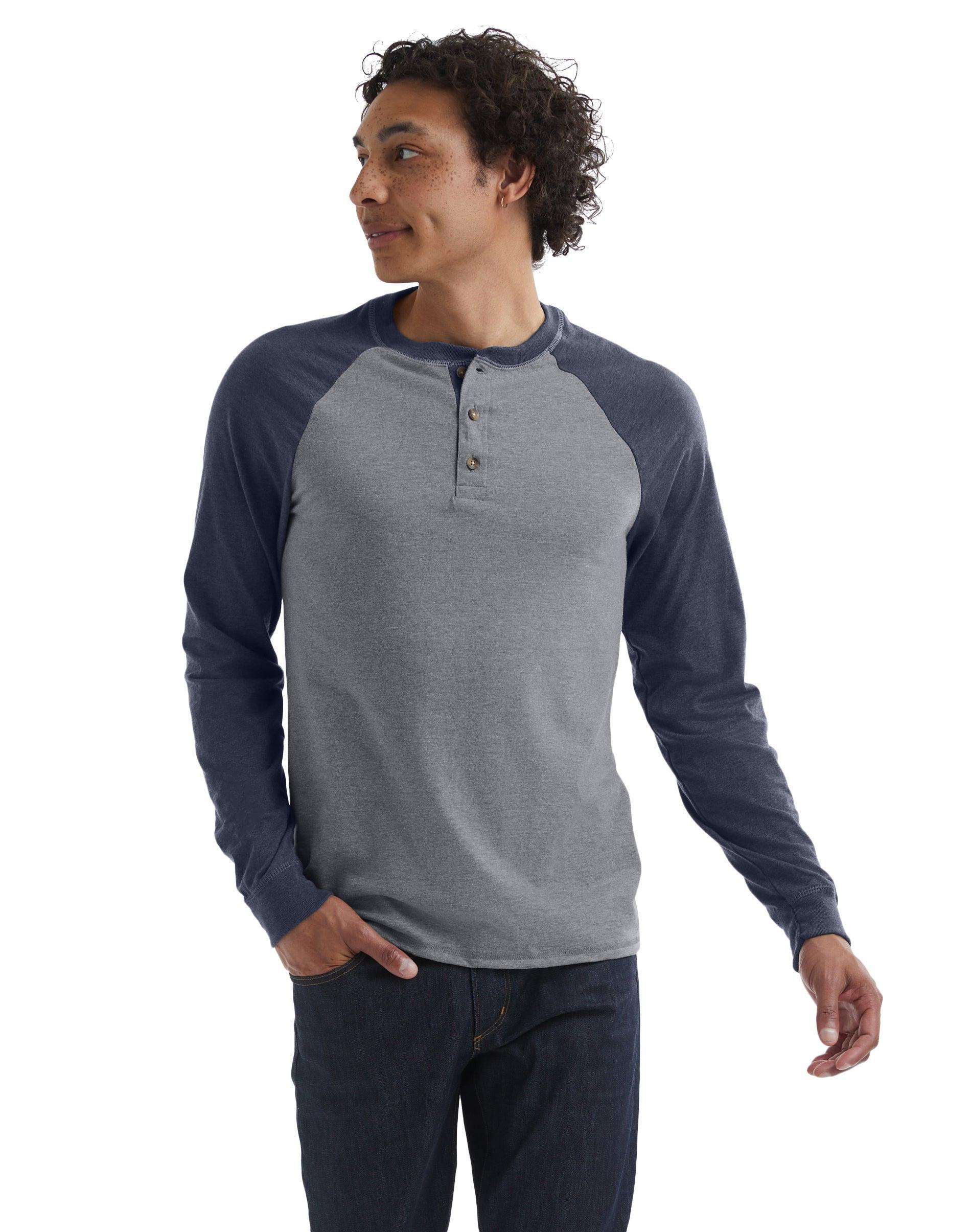 Men's Hanes® Beefy Heavyweight Colorblock Raglan Henley, Size: Small, Oxford Gray Grey Product Image
