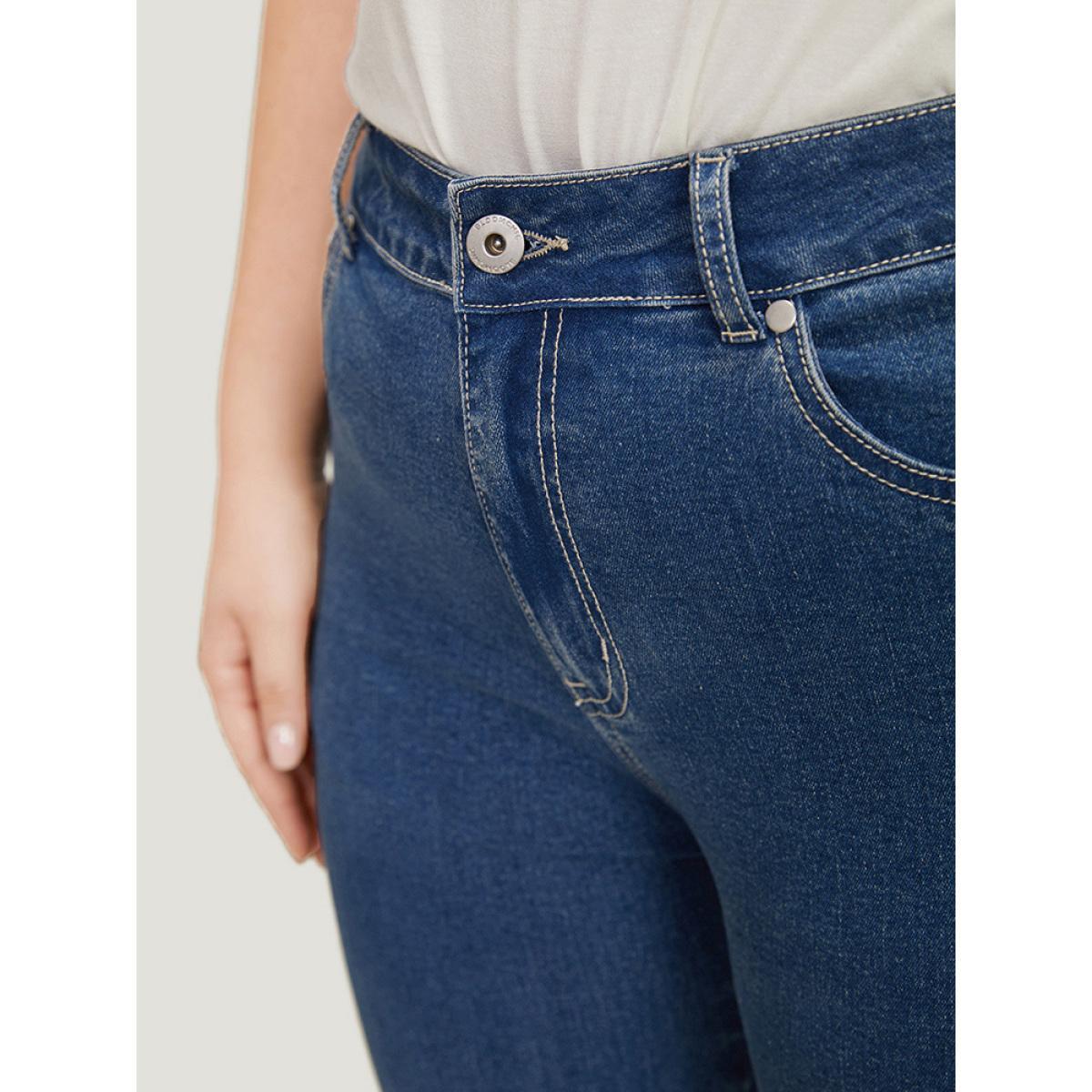 Plus Size Pearl Beaded Patchwork Medium Wash Jeans Women Indigo Casual Colorblock Beaded High stretch Pocket Jeans BloomChic 12/L Product Image