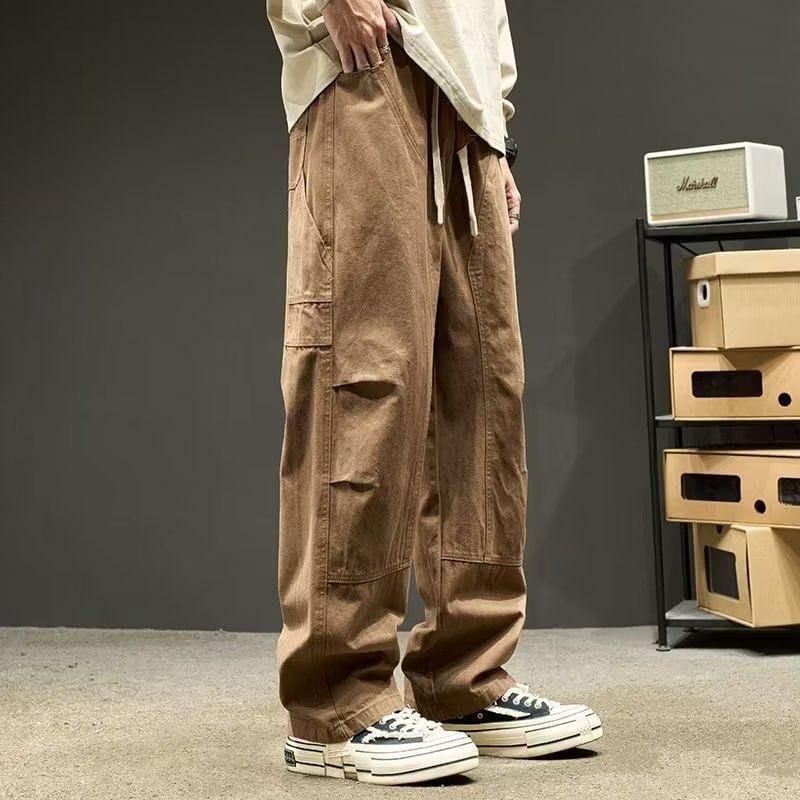 Drawstring Waist Plain Loose Fit Cargo Pants Product Image