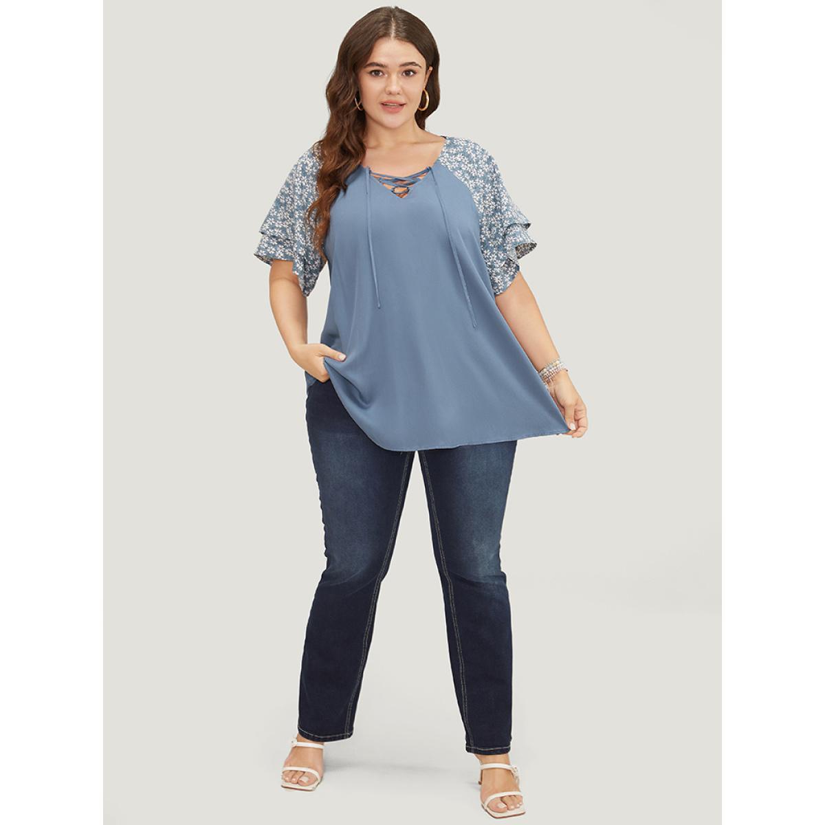 Plus Size Stone Ditsy Floral Raglan Sleeve Ruffle Tiered Lace Up Blouse Women Elegant Short sleeve Tie Neck Dailywear Blouses BloomChic 12/L Product Image