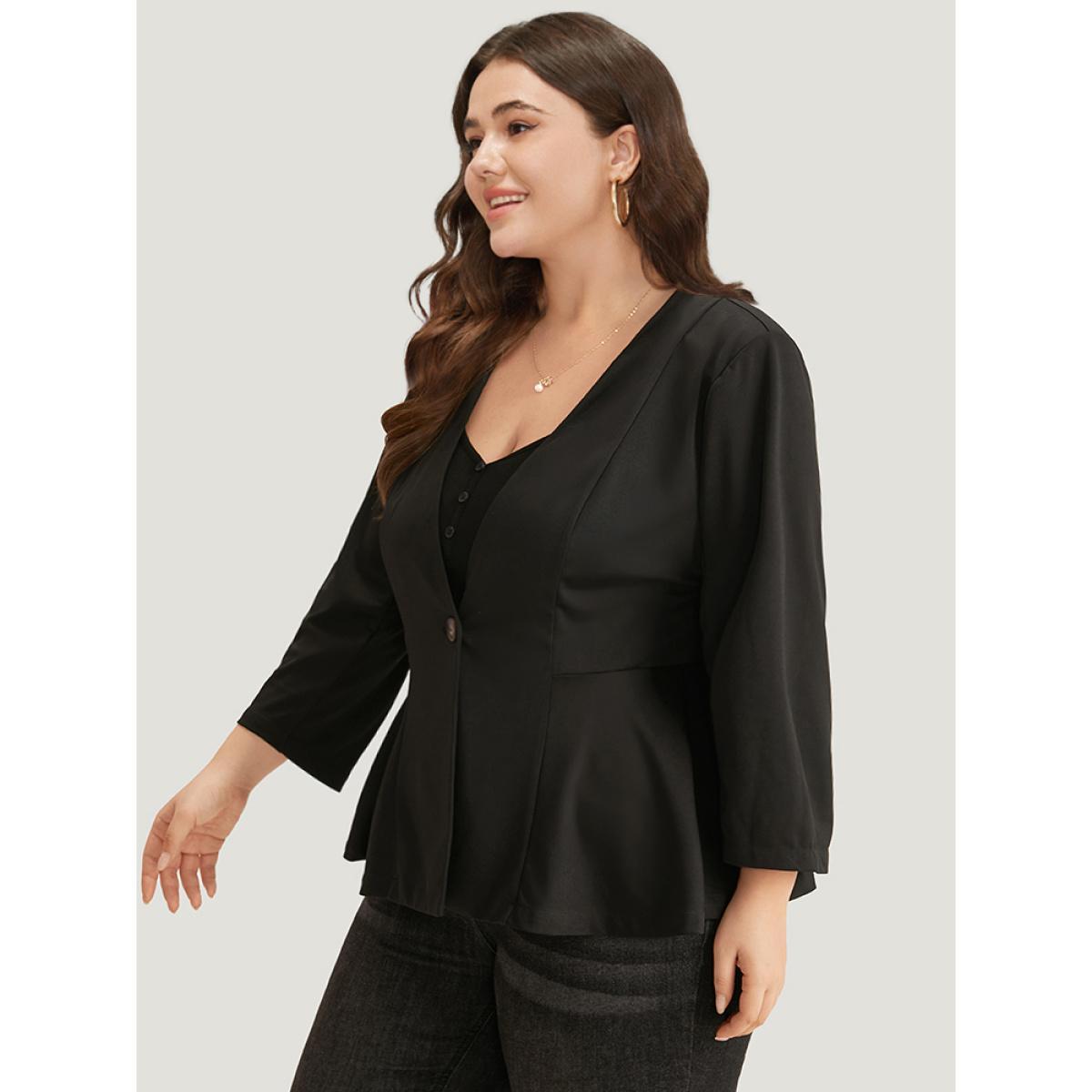 Plus Size Plain Button Up Ruffle Hem Blazer Black Women Dailywear Plain Plain Sleeve Long Sleeve V-neck 22-24/3X Casual Blazers BloomChic Product Image