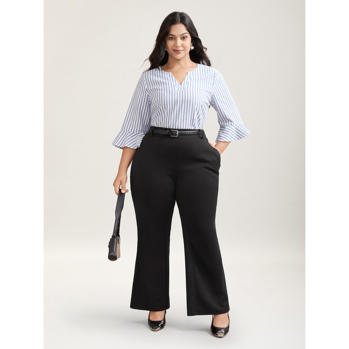 Plus Size Stretchy Waist Zipper Pocket Flared Pants Women Black At the Office Bootcut Mid Rise Work Pants BloomChic 22-24/3X Product Image