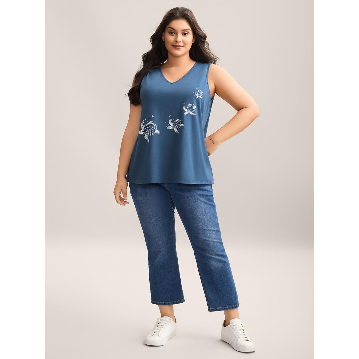 Plus Size Turtle Print V-Neck Tank Top Women Aegean Non V-neck Everyday-Casual Tank Tops Camis BloomChic 14-16/1X Product Image