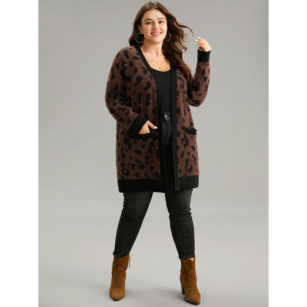 Plus Size Leopard Contrast Open Front Jacquard Cardigan DarkBrown Women Casual Loose Long Sleeve Everyday Cardigans BloomChic 30/6X Product Image