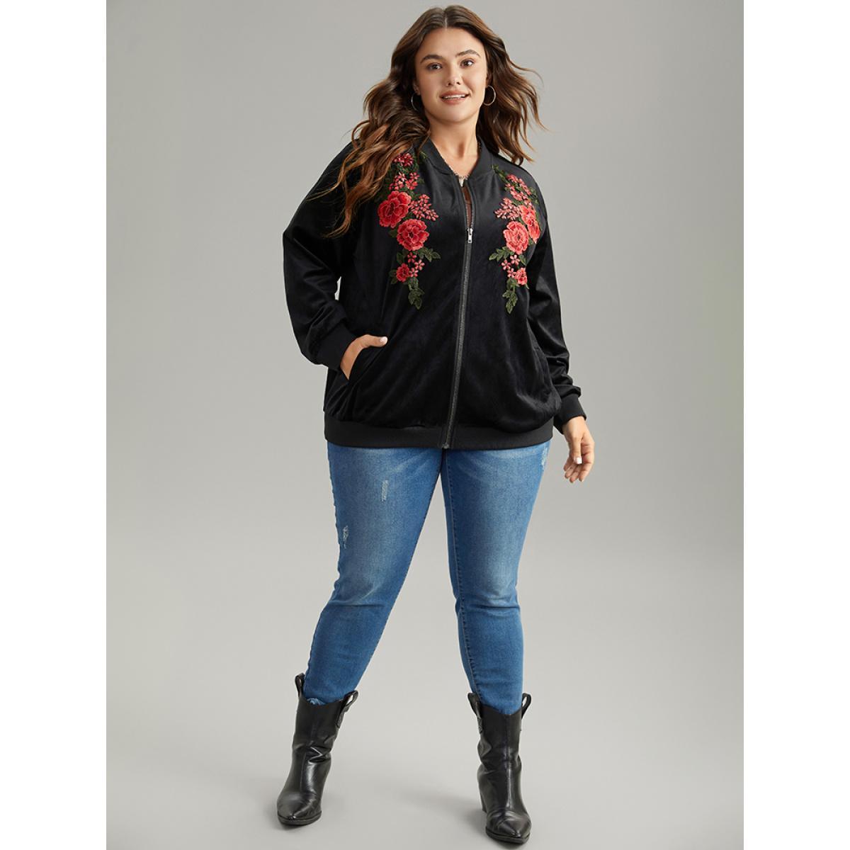 Plus Size Velvet Floral Embroidered Zipper Pocket Bomber Jacket Women Black Contrast Pocket Dailywear Jackets BloomChic 26/4X Product Image