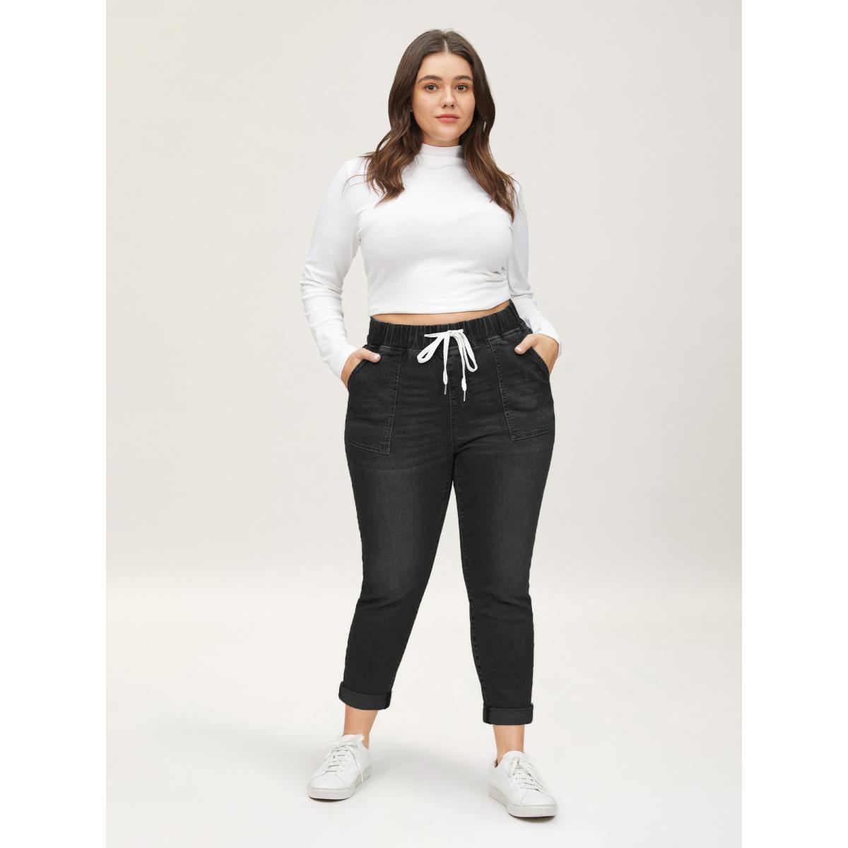 Plus Size Drawstring Elastic Waist Roll Hem Jeans Women DarkBlue Casual Plain Drawstring High stretch Slanted pocket Jeans BloomChic 26/4X Product Image