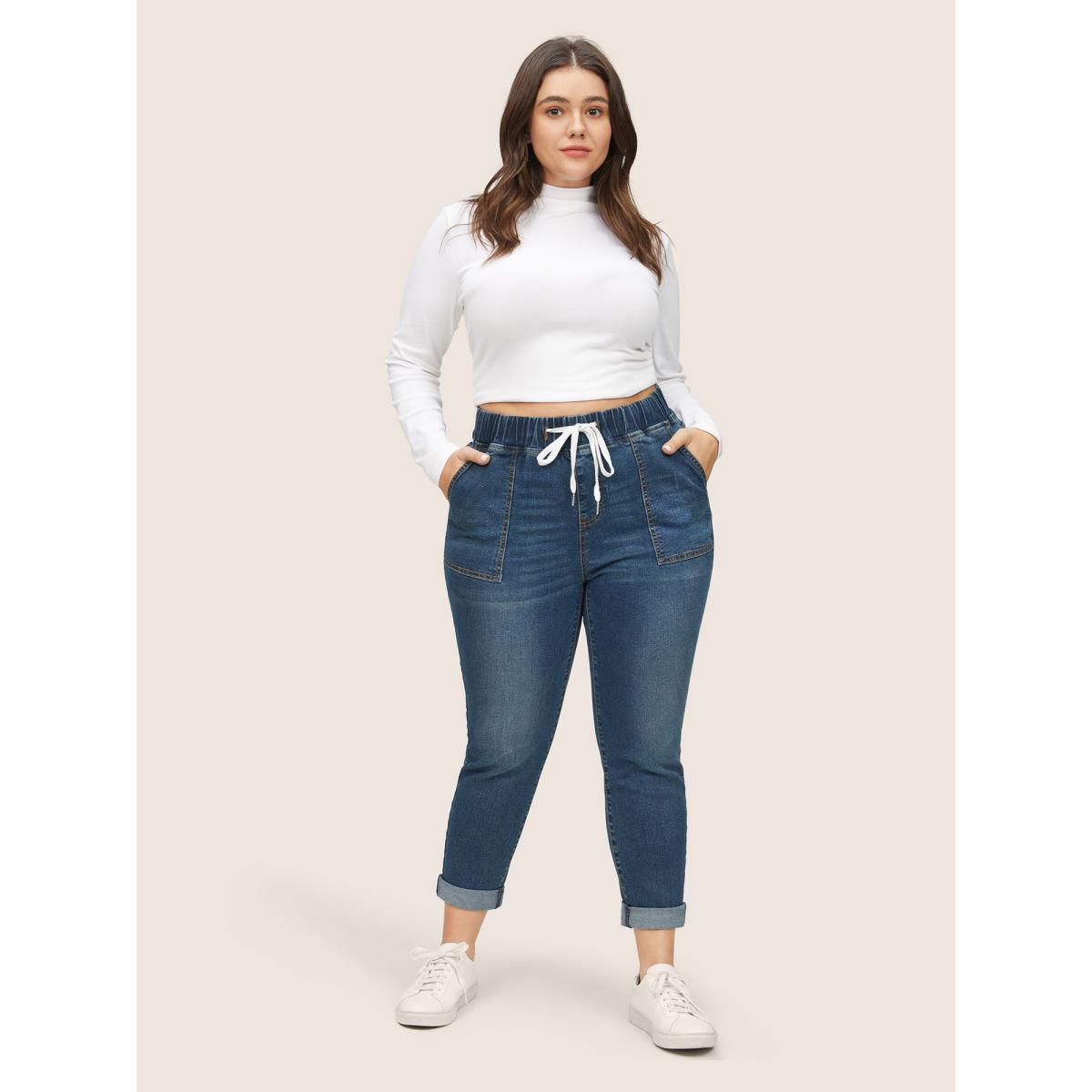 Plus Size Drawstring Elastic Waist Roll Hem Jeans Women DarkBlue Casual Plain Drawstring High stretch Slanted pocket Jeans BloomChic 12/L Product Image