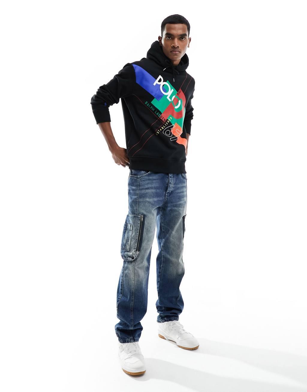 Polo Ralph Lauren colorblock logo print hoodie in black Product Image