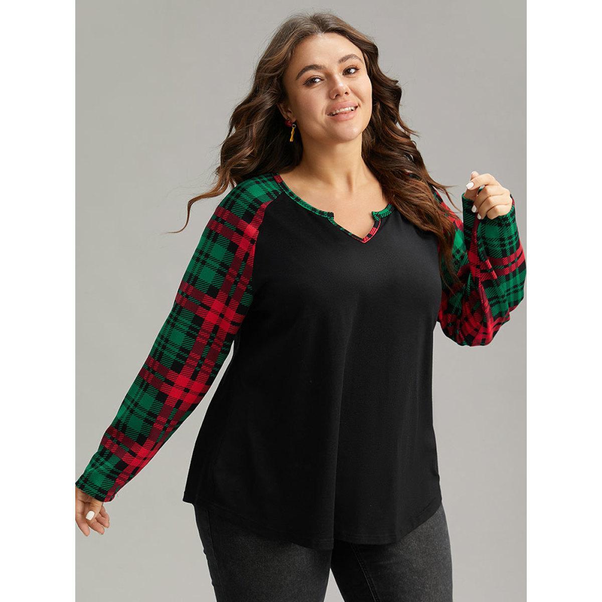 Plus Size Plaid Contrast Notched Raglan Sleeve T-shirt Black Women Casual Contrast Plaid Notched collar Festival-Christmas T-shirts BloomChic 26/4X Product Image