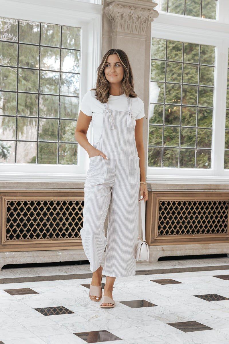 Taupe Stripe Linen Jumpsuit Product Image