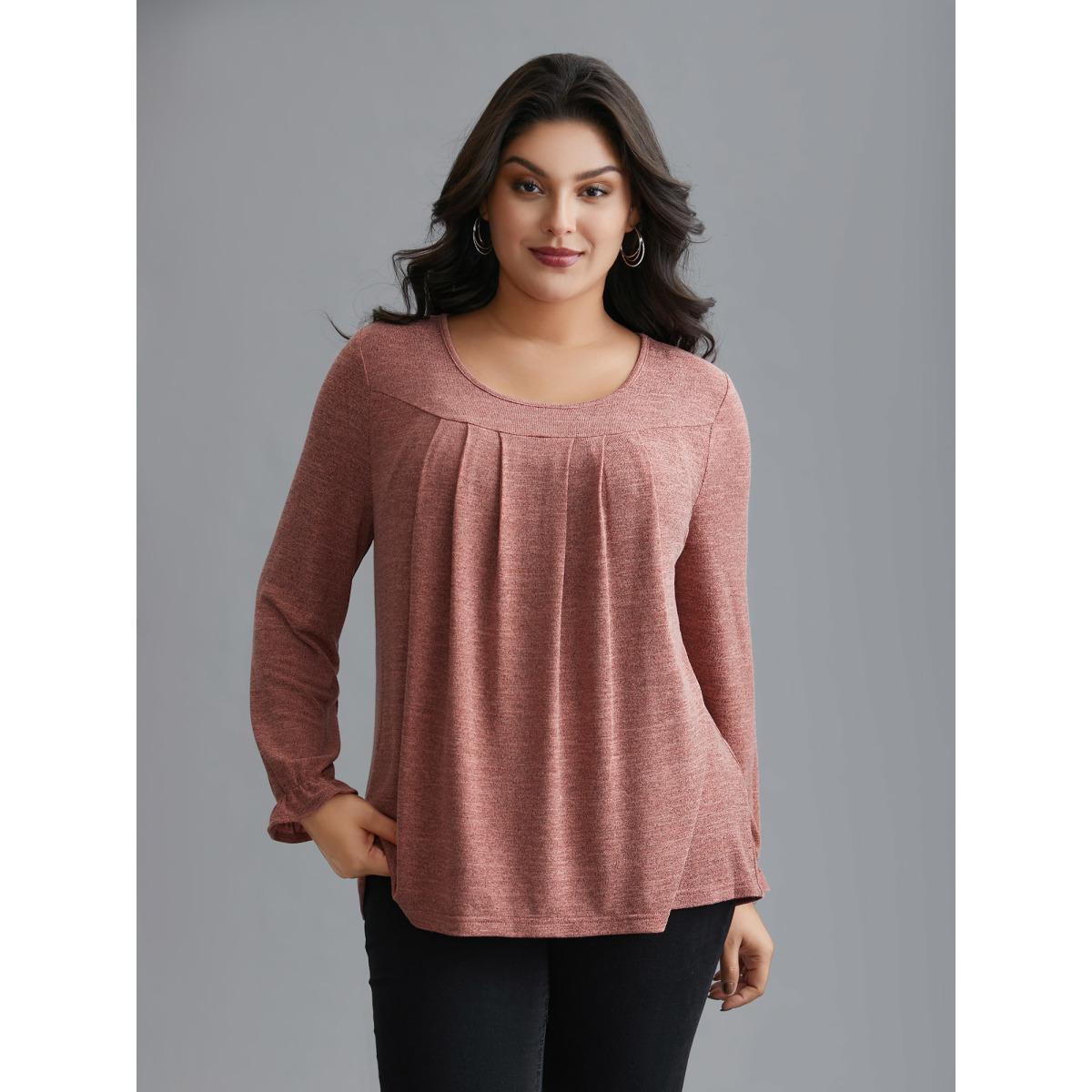 Plus Size Round Neck Heather Pleated T-shirt OrangeRed Women Elegant Pleated Round Neck Loose Everyday T-shirts BloomChic 14-16/1X Product Image