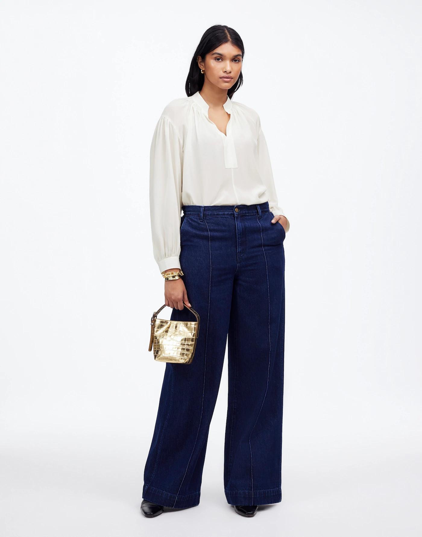 Shirred Long-Sleeve Top in Silk Product Image