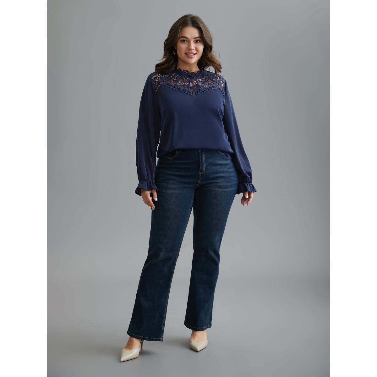 Plus Size Indigo Lace Cut-Out Sheer Stand Collar Blouse Women Elegant Long Sleeve Stand-up collar Everyday Blouses BloomChic 30/6X Product Image