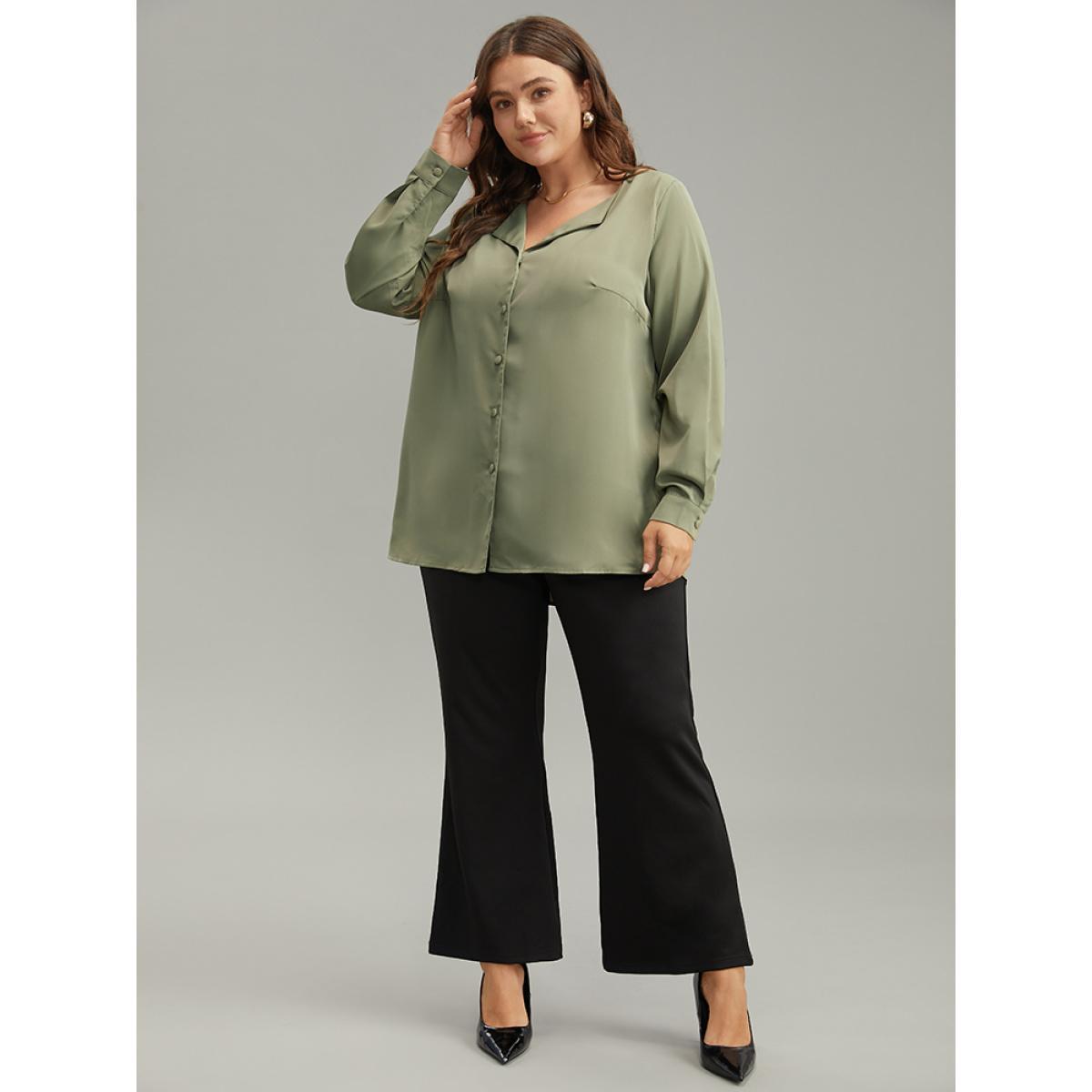 Plus Size ArmyGreen Lapel Collar Button Up Blouse Women Office Long Sleeve Lapel Collar Work Blouses BloomChic 28/5X Product Image