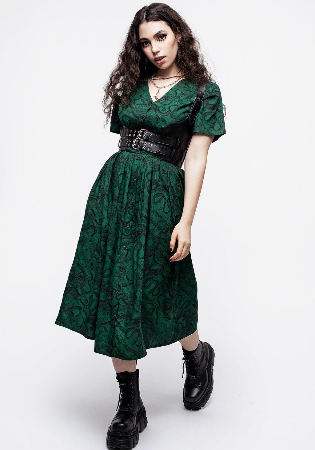 Ophidia Snake Print Button Up Midi Dress - Green Product Image