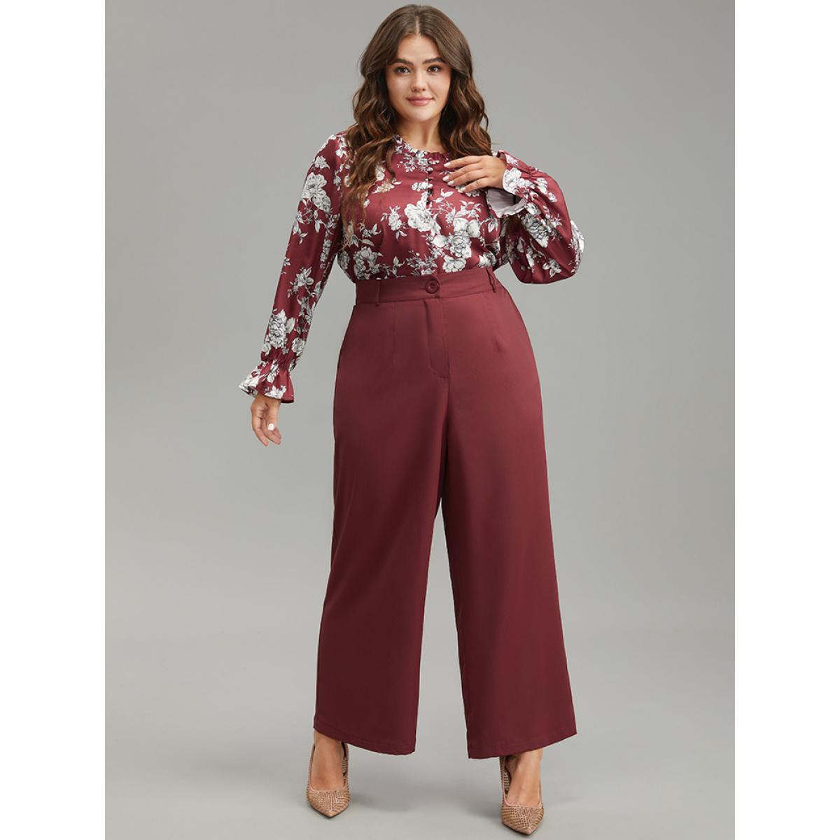 Plus Size Solid Pocket Button Up Elastic Waist Pants Women Scarlet Elegant Straight Leg High Rise Dailywear Pants BloomChic 12/L Product Image
