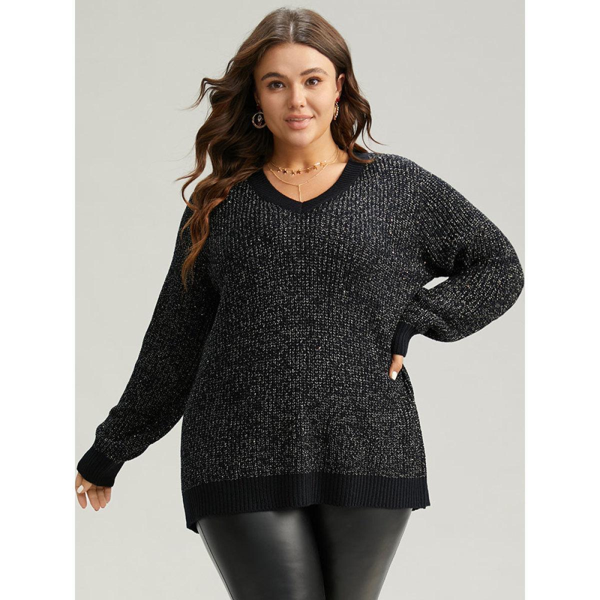 Plus Size Sparkly Elastic Cuffs Loose Pullover Black Women Casual Loose Long Sleeve V-neck Dailywear Pullovers BloomChic 28/5X Product Image