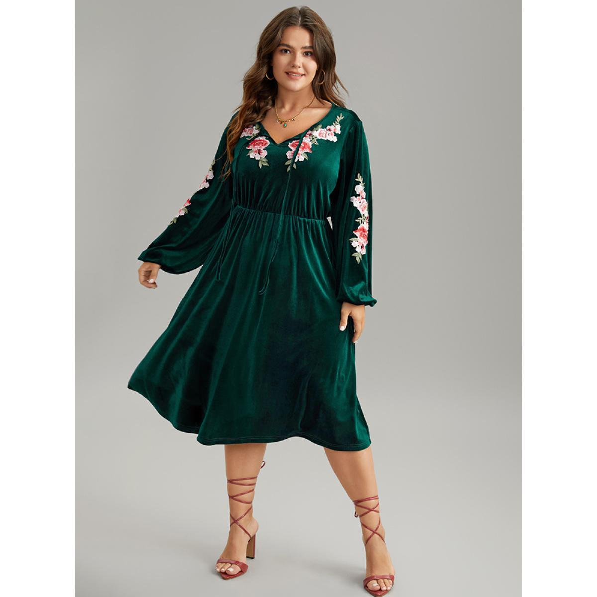 Plus Size Velvet Floral Ties Gathered Lantern Sleeve Dress DarkGreen Women Vacation Elastic cuffs Tie Neck Long Sleeve Curvy Midi Dress BloomChic 12/L Product Image