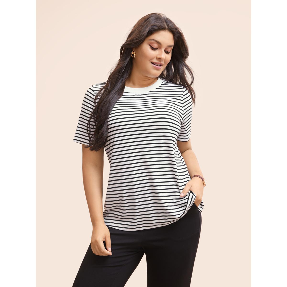Plus Size Striped Crew Neck Rib Knit T-shirt Originalwhite Women Work From Home Contrast Round Neck Work T-shirts BloomChic 12/L Product Image