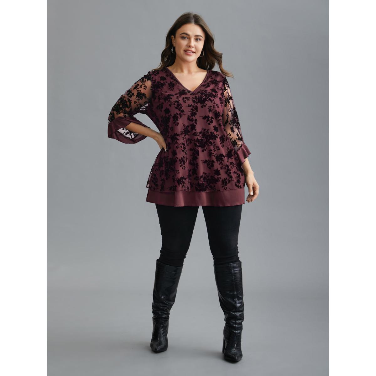 Plus Size Burgundy Floral Flocking Mesh Asymmetrical Hem Blouse Women Elegant Three Quater Length Sleeve V-neck Everyday Blouses BloomChic 28/5X Product Image