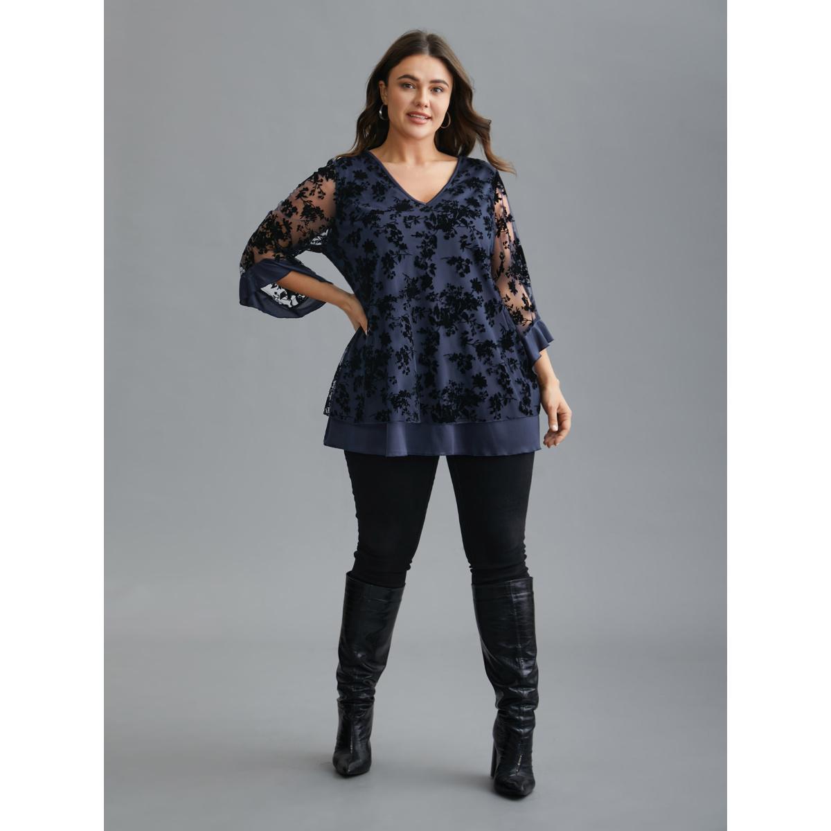 Plus Size Indigo Floral Flocking Mesh Asymmetrical Hem Blouse Women Elegant Three Quater Length Sleeve V-neck Everyday Blouses BloomChic 30/6X Product Image