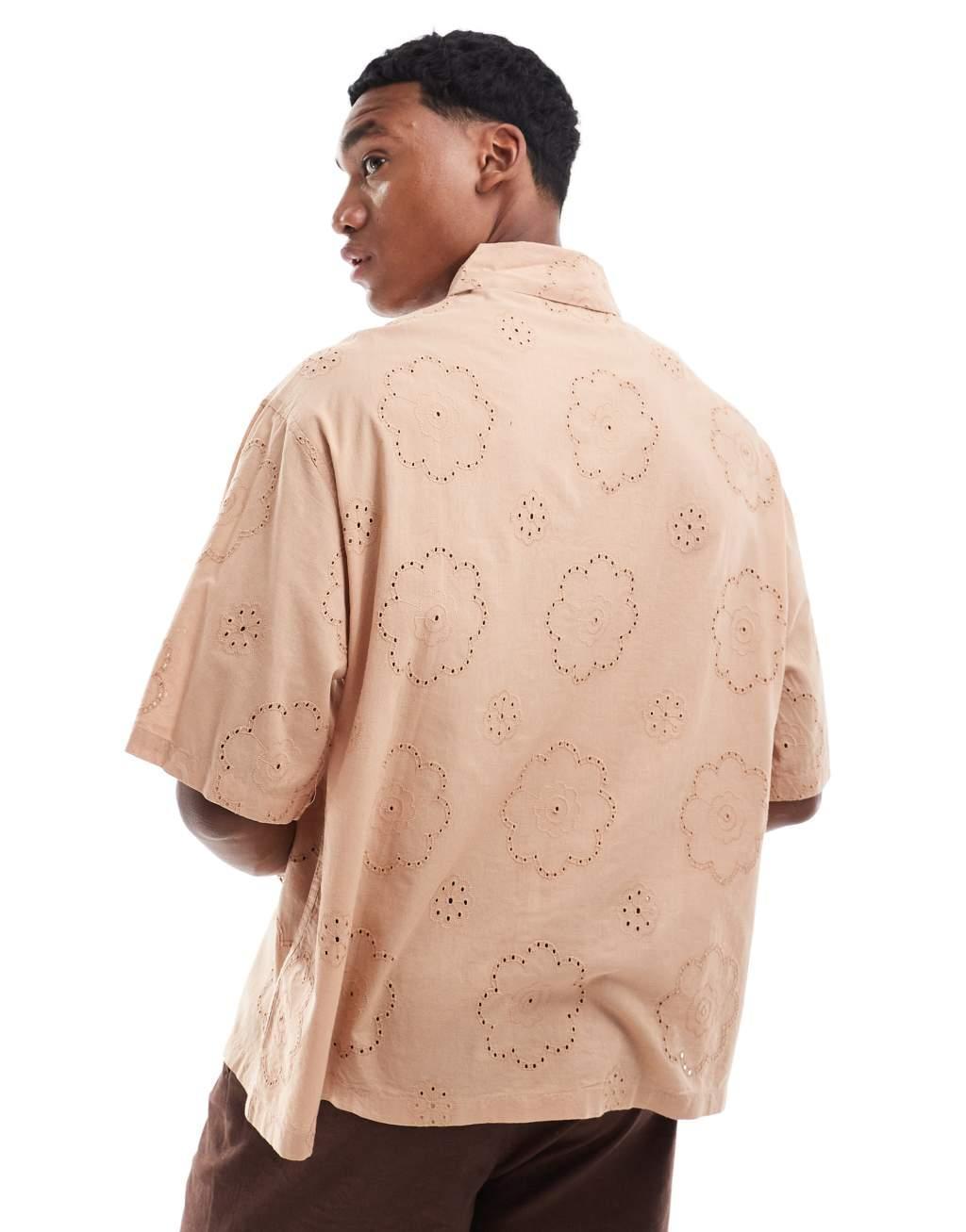 ASOS DESIGN oversized eyelet shirt in light brown  Product Image