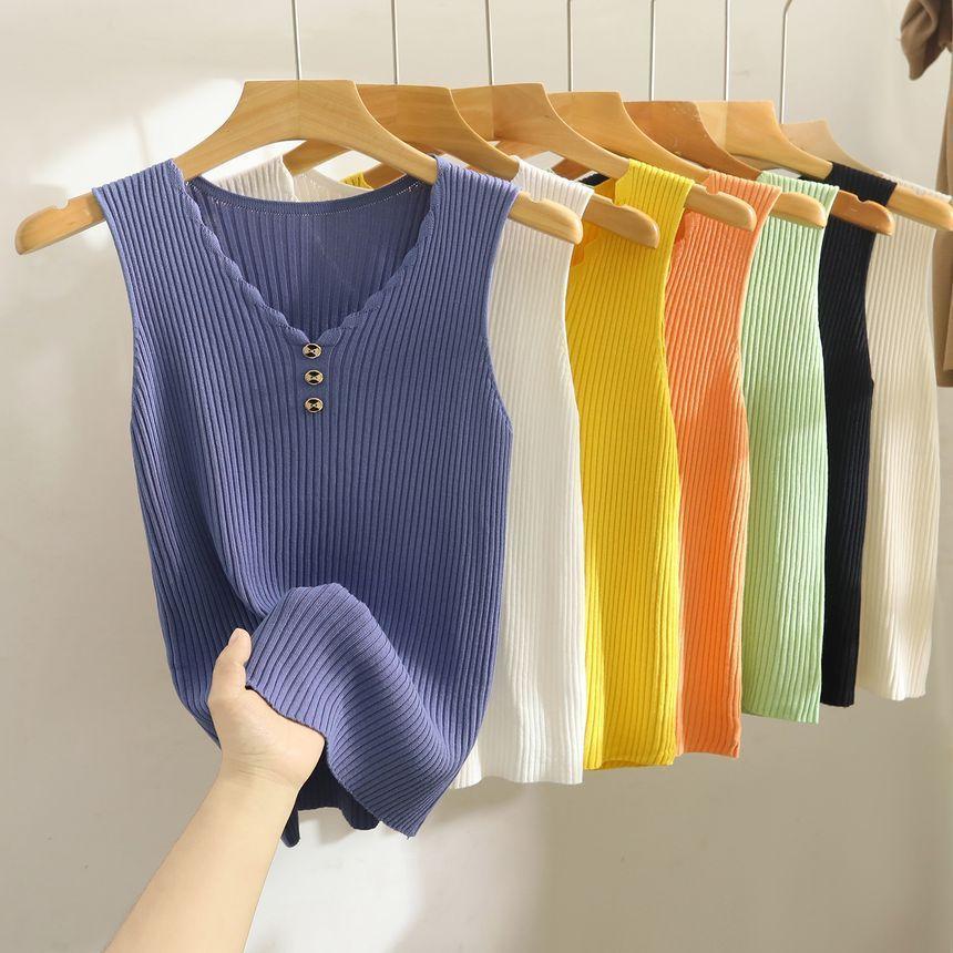 V-Neck Plain Knit Tank Top Product Image