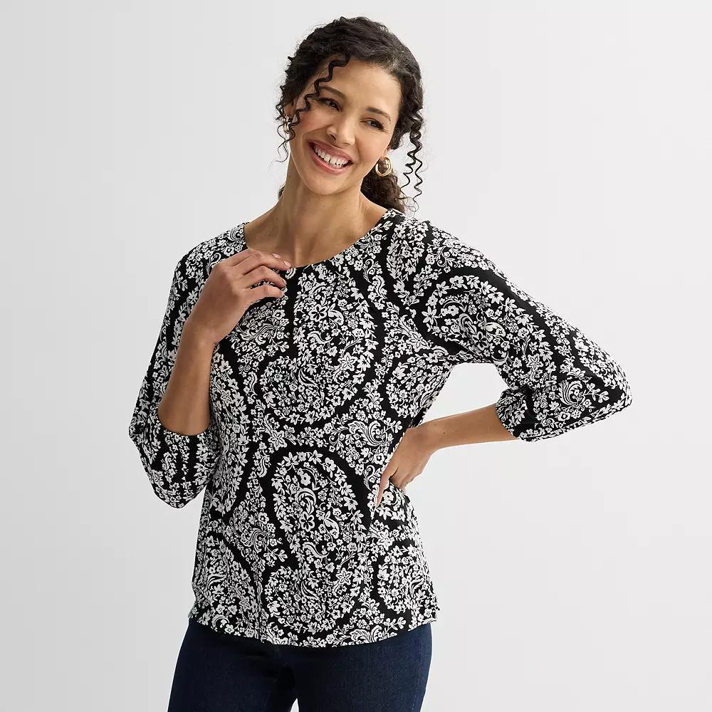 Women's Croft & Barrow® 3/4-Sleeve Pleated Top, Size: Small, Black Floral Paisley Product Image