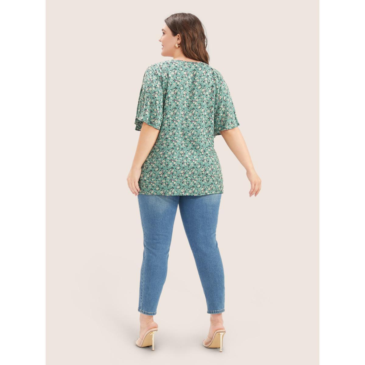 Plus Size Emerald Ditsy Floral Ruffle Sleeve Tie Neck Blouse Women Elegant Short sleeve V-neck Everyday Blouses BloomChic 14-16/1X Product Image